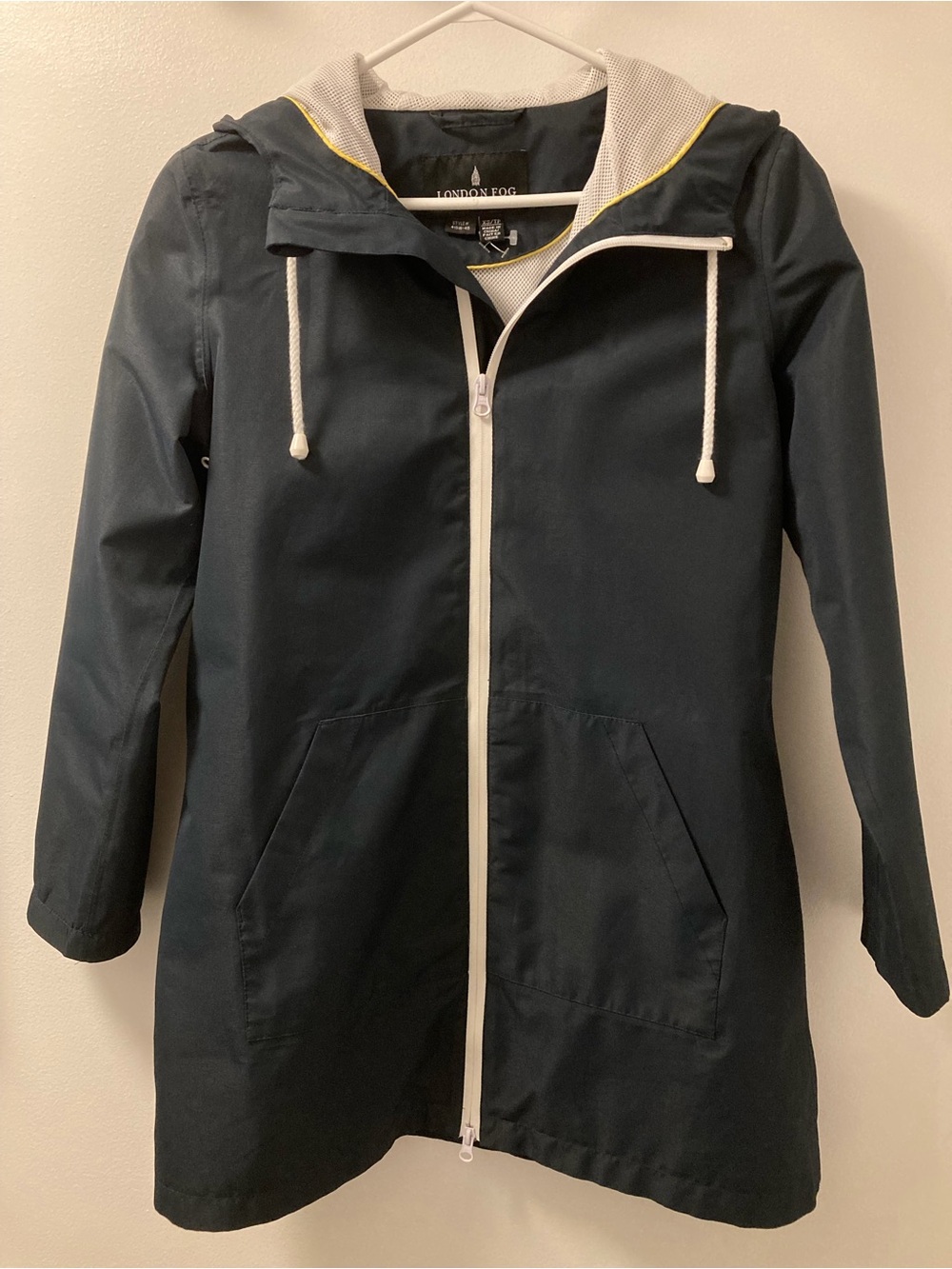 NWOT London Fog Navy Hooded Raincoat Jacket XS White and Yellow Trim